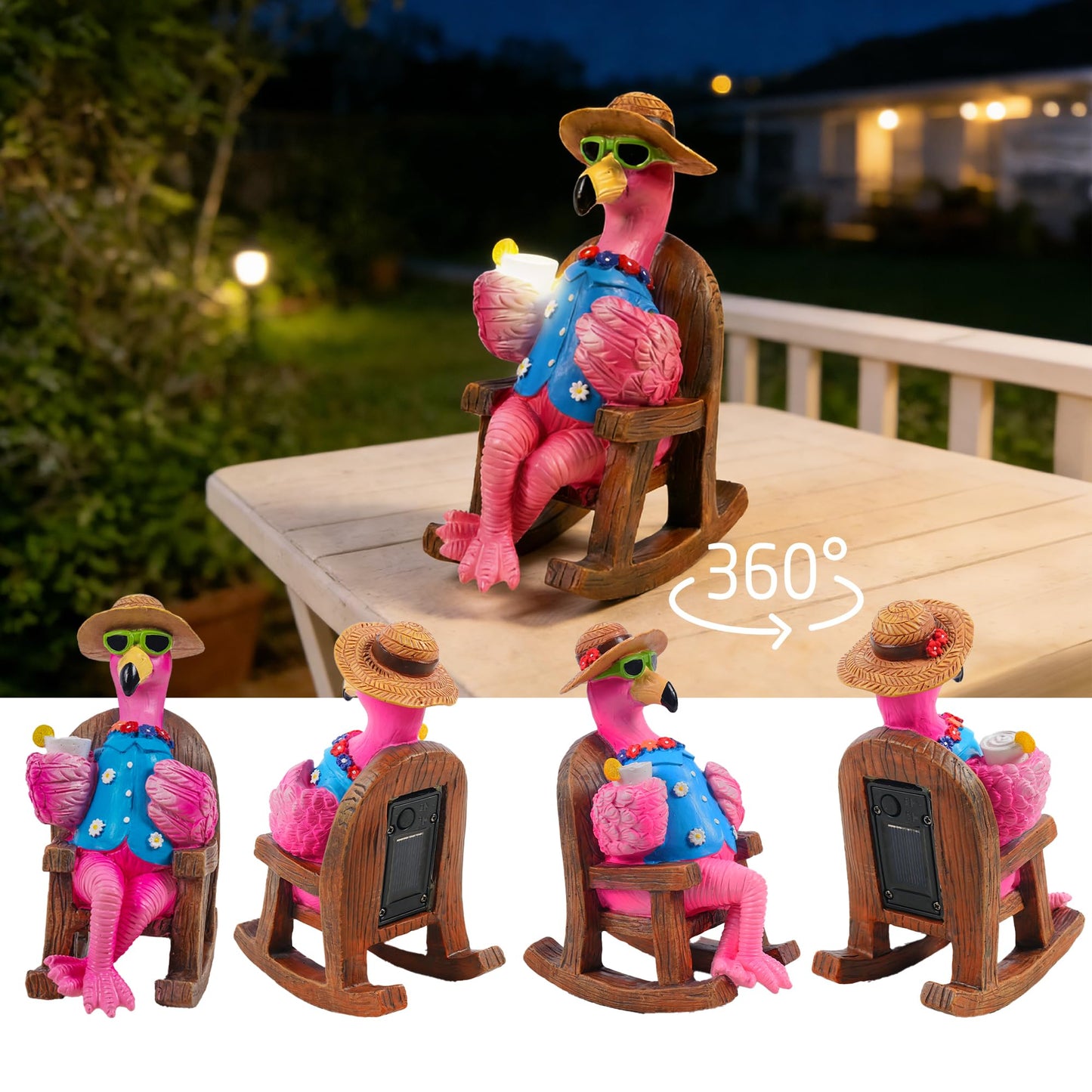 LIULO TOOL Solar Flamingo Figurines Garden Decor, Light Up Resin Flamingo Sitting on Chair Statue, Waterproof Outdoor Patio Sculpture, Cute Solar Powered Yard Decoration for Lawn Home Gift