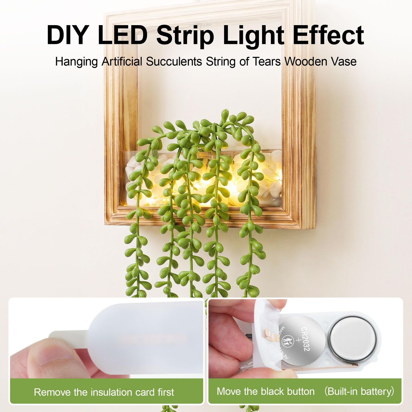 FancyPlus 2 Pack Fake Plants Hanging, Artificial Succulents Plants in Square Wooden Frame with LED Lights, Boho Wall Decor for Office Living Room Bathroom Bedroom Kitchen Indoor Outdoor, Burnt Wood