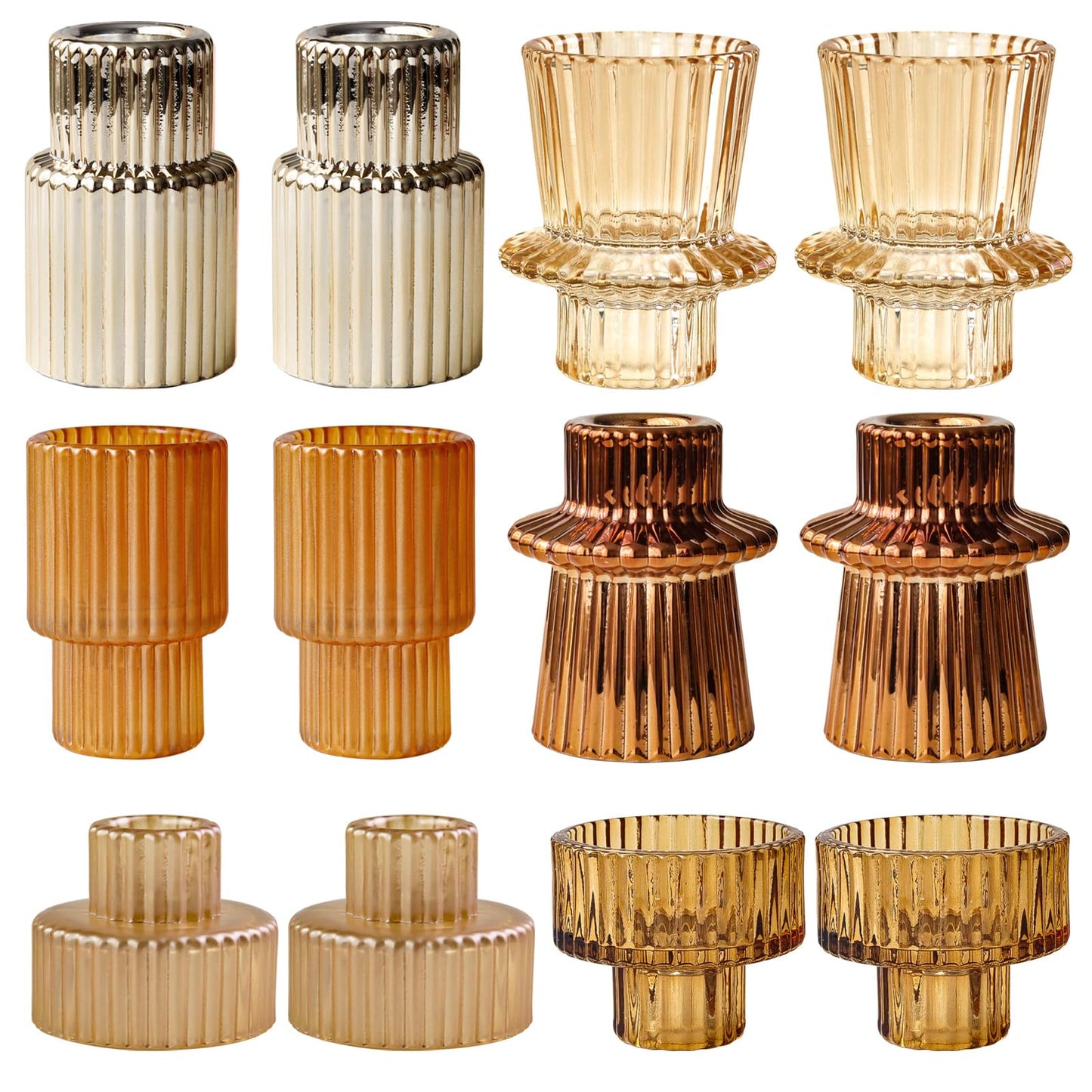 SYFURNIX Gold Candlestick Holders 12PCS Ribbed Glass Taper Candle Holders Set for Tealight Candlestick Candles, Table Centerpieces for Thanksgiving Christmas Farmhouse Decor Indoor and Outdoor