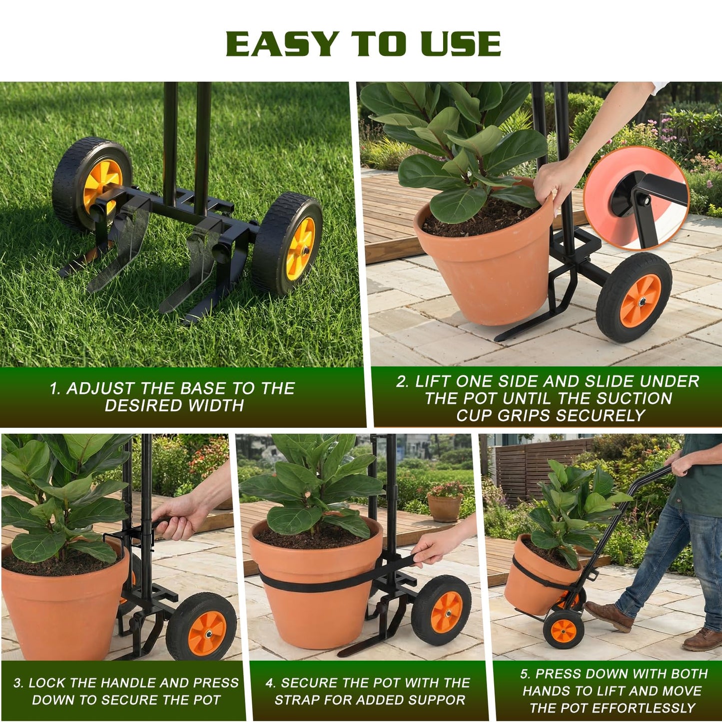 Housolution Plant Caddy with Wheels, Heavy Duty Plant Dolly for Big Pots, Plant Mover with Adjustable Grabbing Arm and Base, Trolley Cart for Seniors, Lawn, Patio, Backyard Gardening