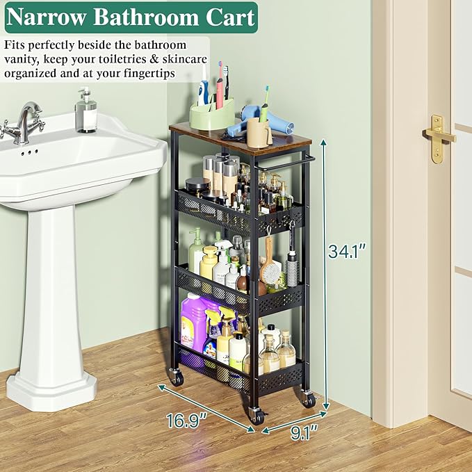 OKZEST Utility Slim Storage Cart, 4-Tier Narrow Bathroom Organizer and Storage
