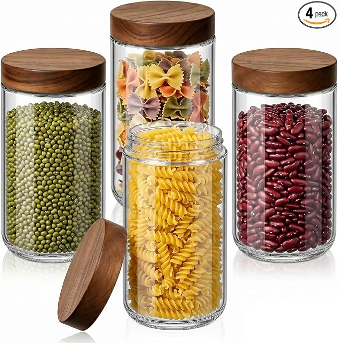 Bumobum 24 oz Glass Jars with Acacia Lids, Glass Food Storage Containers with Airtight Lids, Wide Mouth Mason Salad Jars for Coffee, Sugar, Loose Tea, Spice, Nut, Candy, Cereal, Snacks (4 Pack)