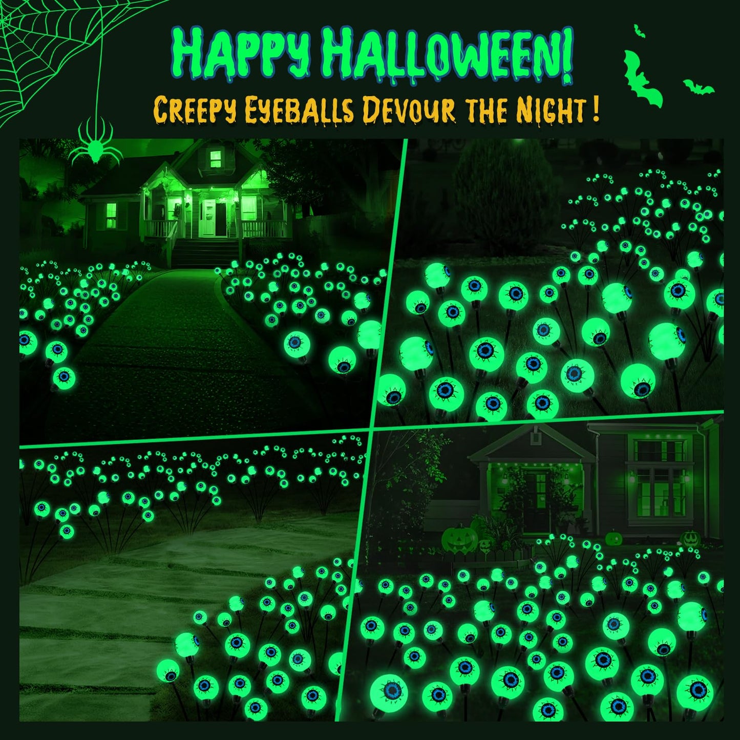 Lewondr Halloween Decorations Outdoor Eyeball Lights, 6 Pack Solar Garden Lights with 2 Modes, Waterproof Firefly Lamps Swaying by Wind for Yard, Pathway, Lawn, Patio, Party, Green