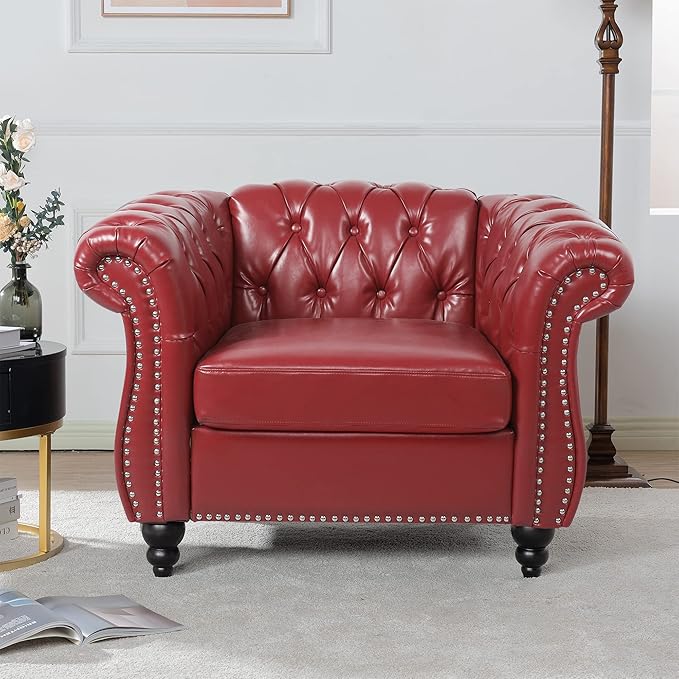 LEVNARY Leather Upholstered Armchair, Mid-Century Modern Single Sofa Chair