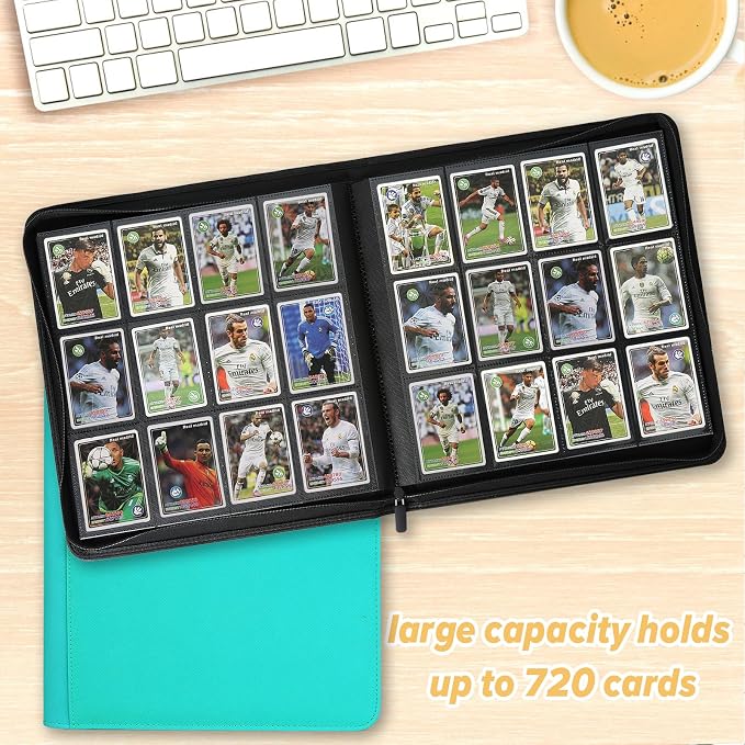 12 Pocket Ringless Side Loading Trading Card Binder, 720 Cards PU Fixed Page Zipper Card Album for TCG Sports Game Cards, Not Fit Top Loaders (Lake Blue)