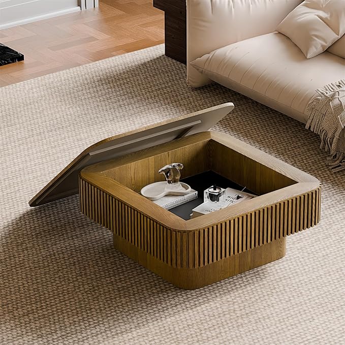 Square Coffee Table for Living Room, Fluted Drum Accent Tea Center Table