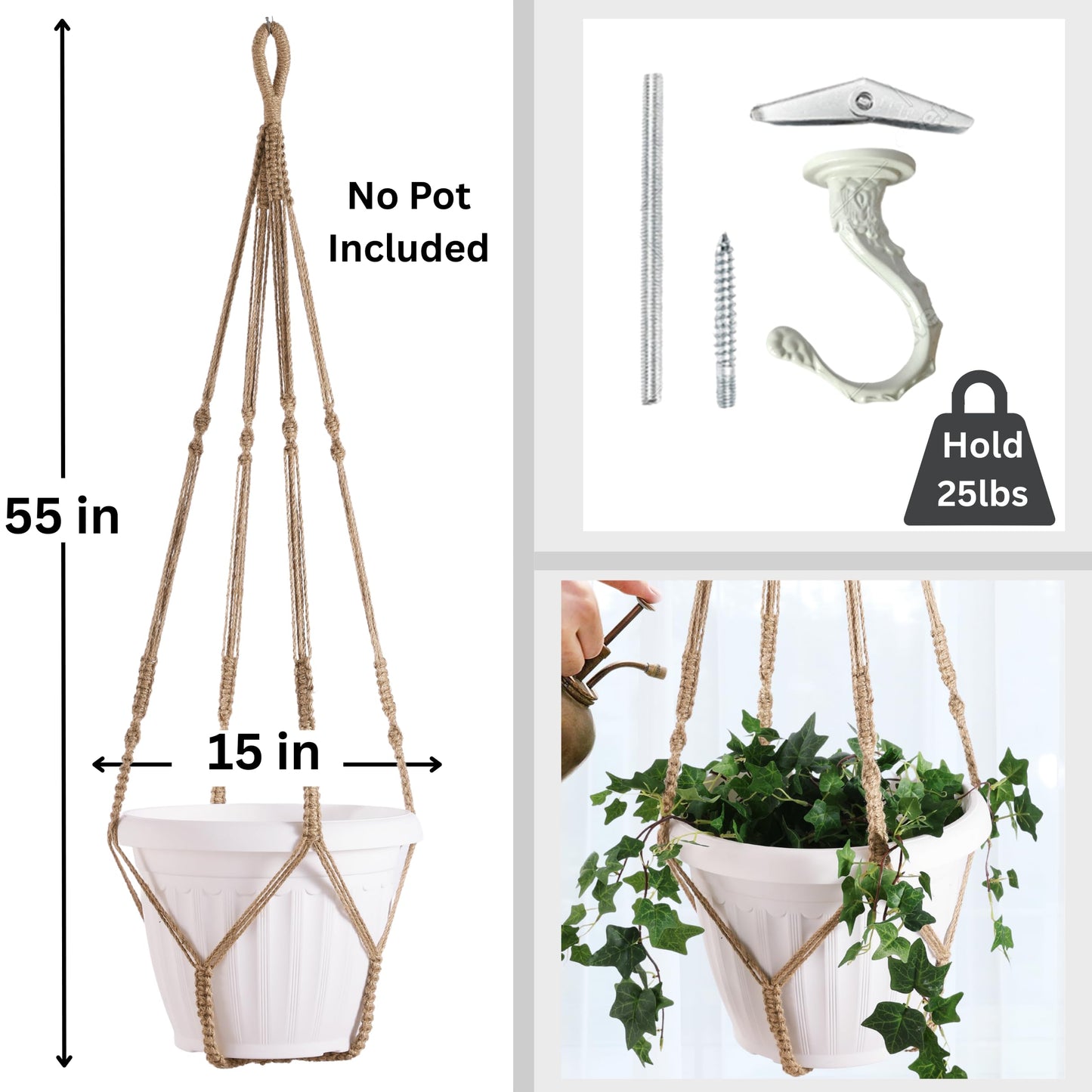 Shineloha Giant XXL 55 Inches Macrame Planter Hanger Large for 15 inch Pot + Swag Hook | Extra Large Hanging Planter for Indoor Plants | No Pot/Plant Included (XXL Jute)