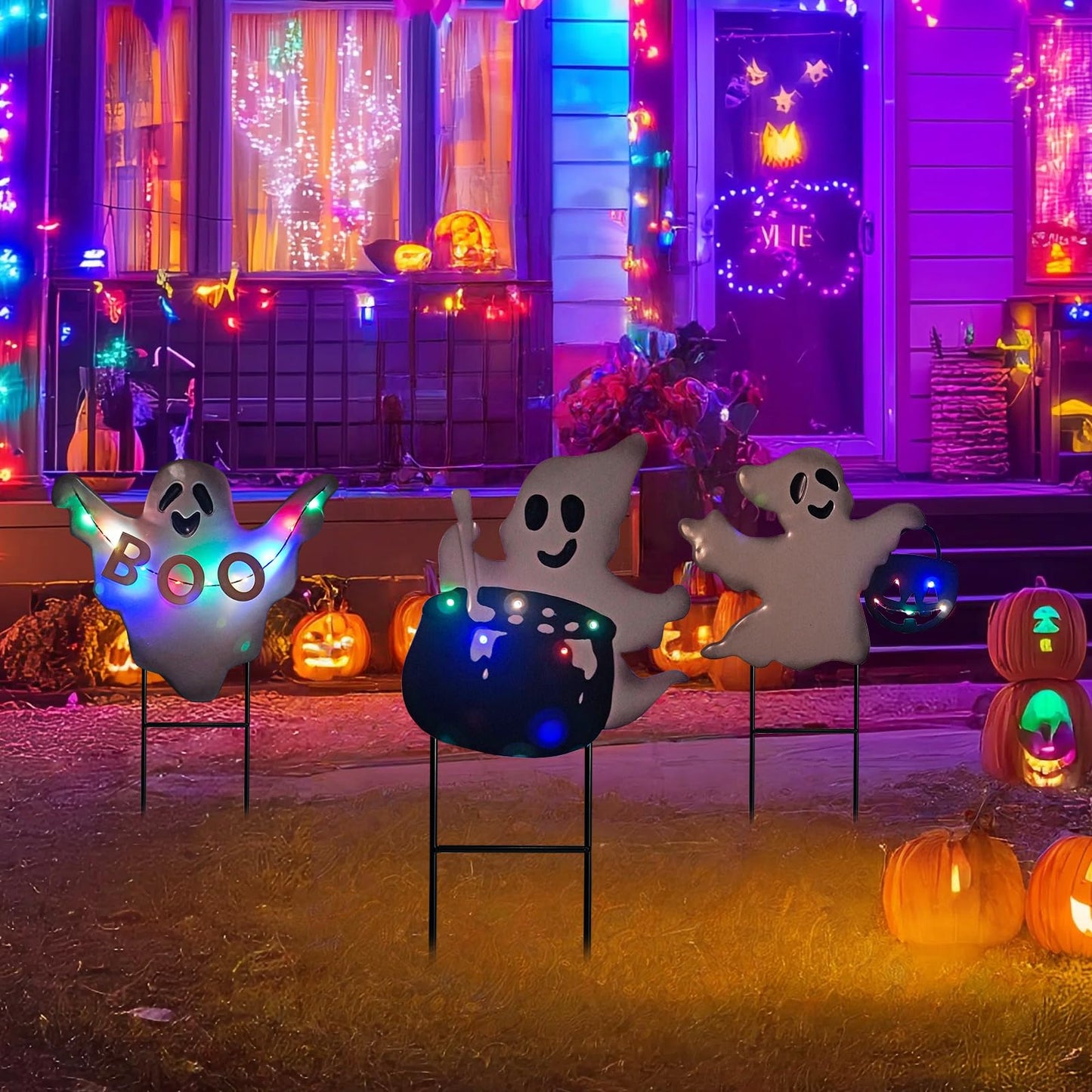 HONGLAND Solar Powered Halloween Yard Stakes, 3 Pack 24" Metal Outdoor Decor with Ghost, Pumpkin and Cauldron for Garden, Lawn, Patio