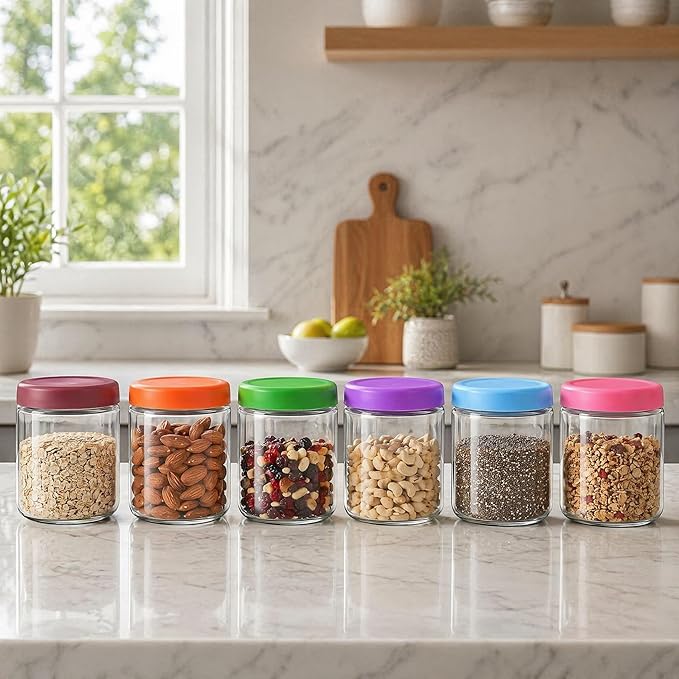 EONJOE 16oz Glass Jars for Overnight Oats Snacks Salad Yogurt Pudding Cereal Candy Storage Containers Meal Prep Mason jar with Airtight lids,6 Pack