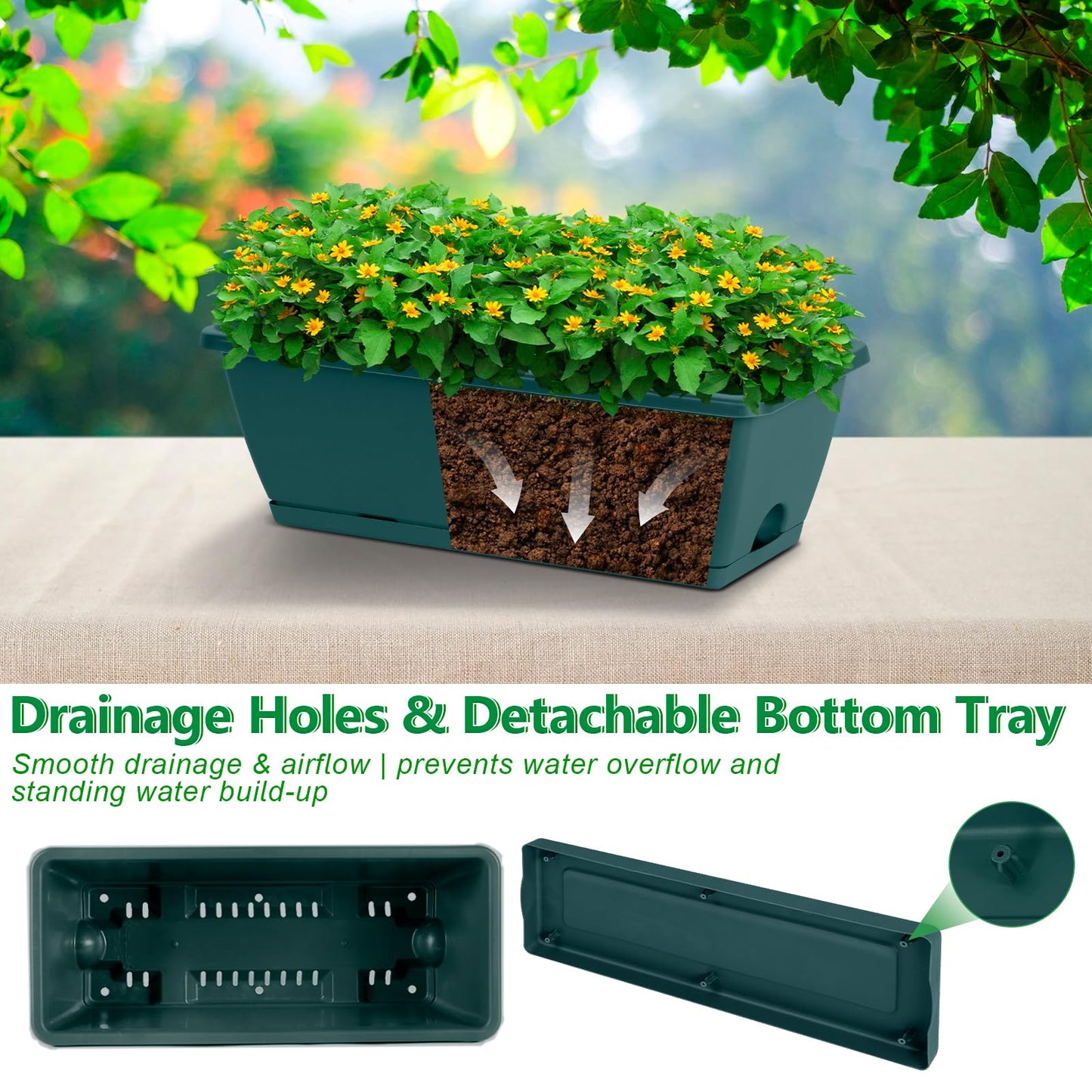 Window Boxes Planters with Adjustable Brackets Set of 2 Outdoor Fence Planters, Over the Deck Railing Planter Box with 6 Pack Hanging Plastic Flower Pots, Drainage Holes for Balcony, Patio, Green