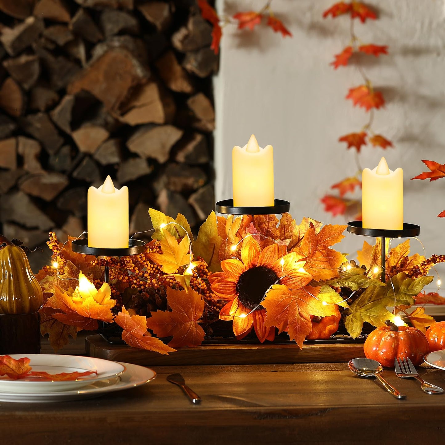 meekoo Fall Centerpiece Thanksgiving Table Decoration 3 Candle Holders Fall Harvest Decor with 3 LED Candles Autumn Pumpkin Maple Leaves Sunflower Centerpiece for Kitchen Fireplace Mantel