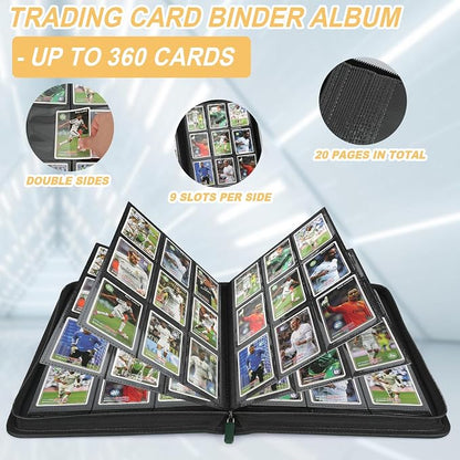 360 Cards Ringless 9-Pocket Side Loading Trading Card Binder, PU Zipper Fixed Page Card Album for TCG Sports Cards, Not Fit Top Loaders (DARKGREEN)