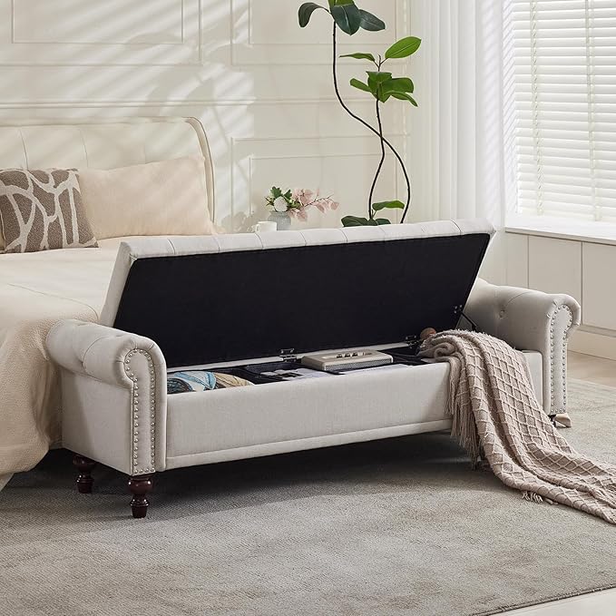 SOFTHION Storage Bench for Bedroom, Upholstered Linen Storage Ottoman