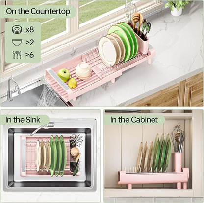 TOOLF Small Dish Drying Rack, Mini Expandable Compact Dish Rack, Slim Extendable Stainless Steel Dish Drainer for Kitchen Plate Storage, Space Saving Dish Strainer in Sink or on Home Countertop, Pink