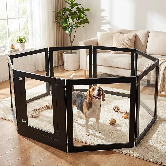 Heavy Duty Clear Acrylic Dog Playpen for Small/Medium Pets – 32" High Clear Pet Pen with Sturdy Metal Frame (Black, 2 Extended Panels)