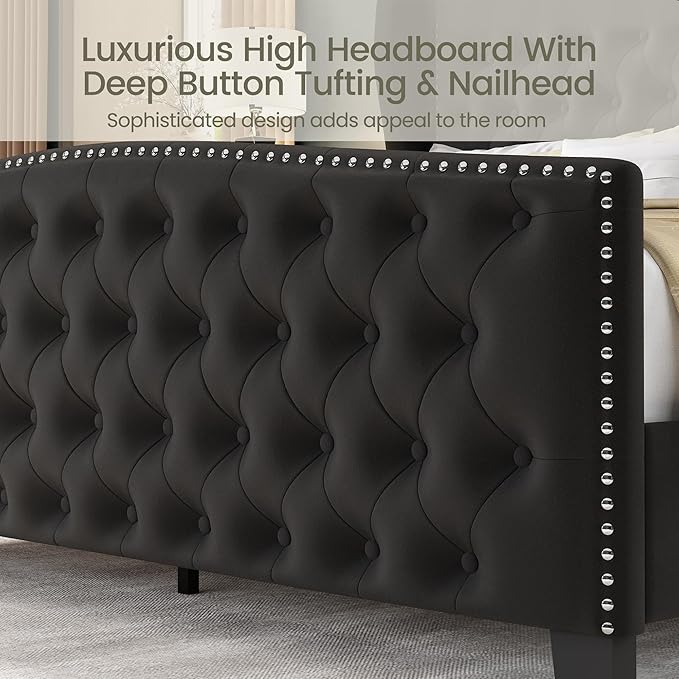 LARMACE King Size Bed Frame Velvet Upholstered Platform Bed