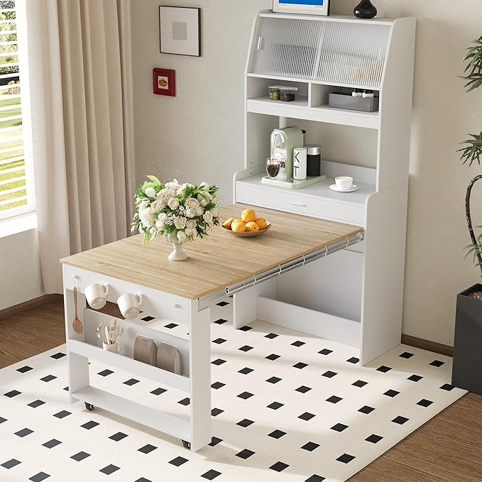 Spaco 2-in-1 Folding Dining Table and Buffet Cabinet Set, Compact Pull-Out