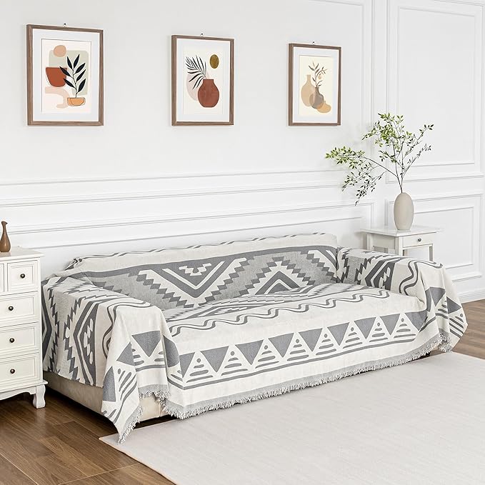 MYSKY HOME Sectional Couch Cover Grey Boho Geometric Sofa Covers