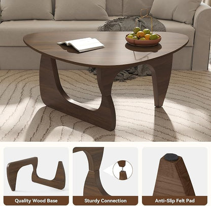 Modern Wood Coffee Table, Triangle Center Table with Premium Wooden Top& Unique Base, 42.5” Small Mid Century Tea Tables for Living Room, Apartment, Office,Walnut