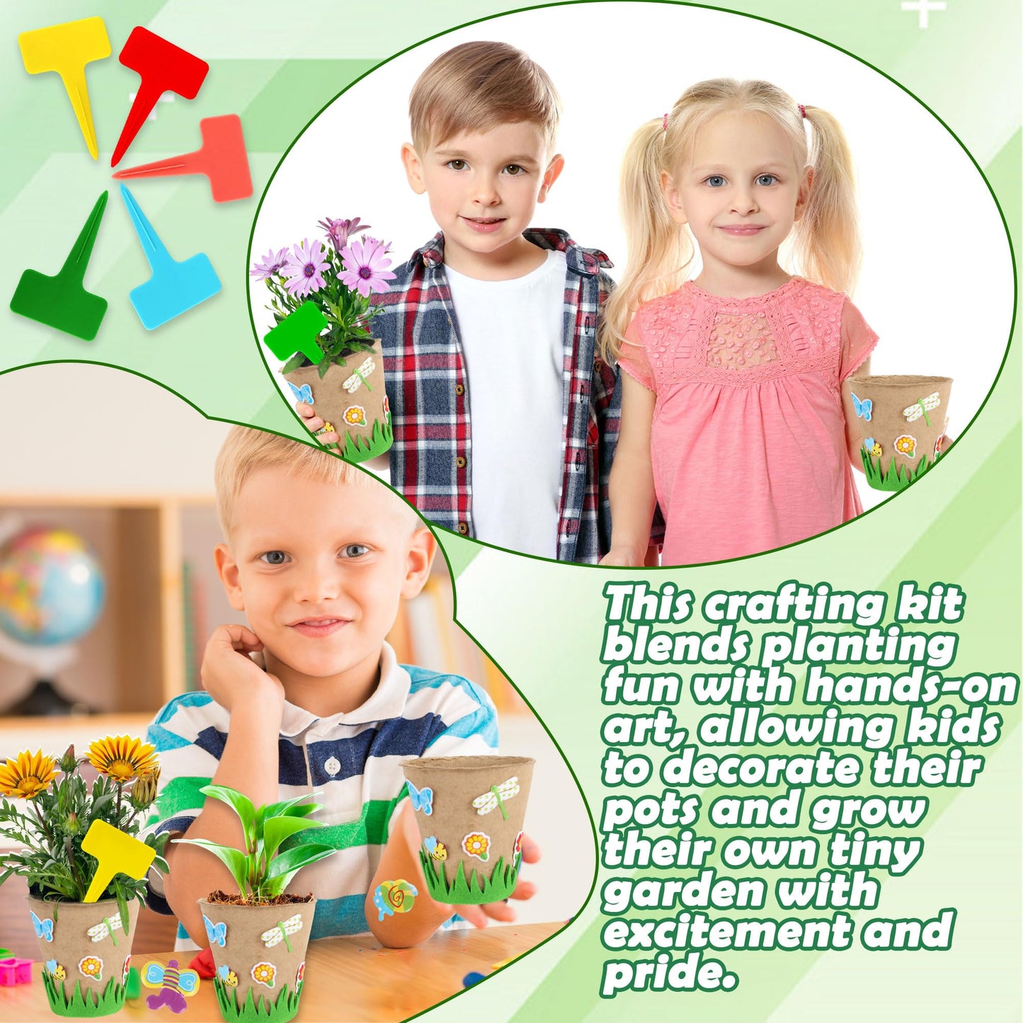 40 Set Garden Paper Craft Kit Include Round Paper Flowerpots Stickers Customized Self Adhesive Small Grass Labels DIY Flower Planting Pots Kit for Flower Plant Spring Summer Earth Day DIY Crafts