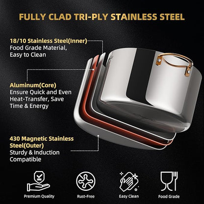 Ciwete 8 Quart Stock Pot with Lid, Upgraded Tri-Ply Stainless Steel Pot, Seamless Soup Pot with Stay-Cool Brass Handle, Healthy Polished Stockpots, Induction Cookware, Oven and Dishwasher Safe