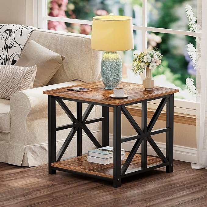 GreenForest End Table with 2-Tier Storage Shelf, 24 inch Large Side Table