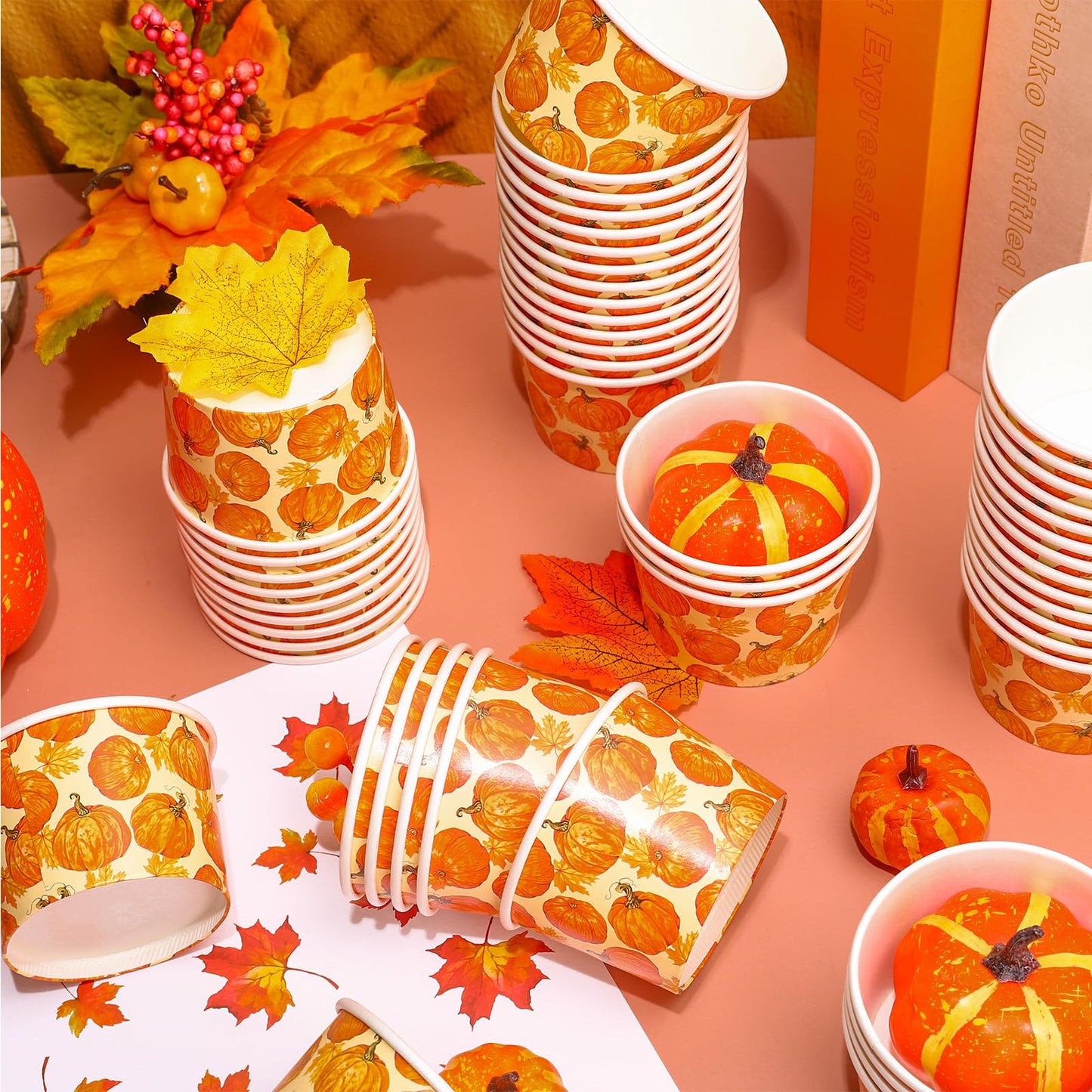 Whaline 50 Pcs Fall Pumpkin Snack Cups Watercolor Pumpkin Maple Leaves Disposable Bowls 9oz Ice Cream Dessert Treat Paper Bowls for Autumn Harvest Thanksgiving Party Food Supplies