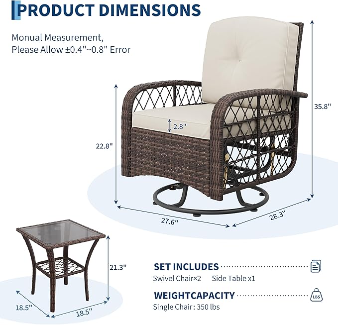 3-Piece Patio Furniture Set, 2 Swivel Rocking Chairs