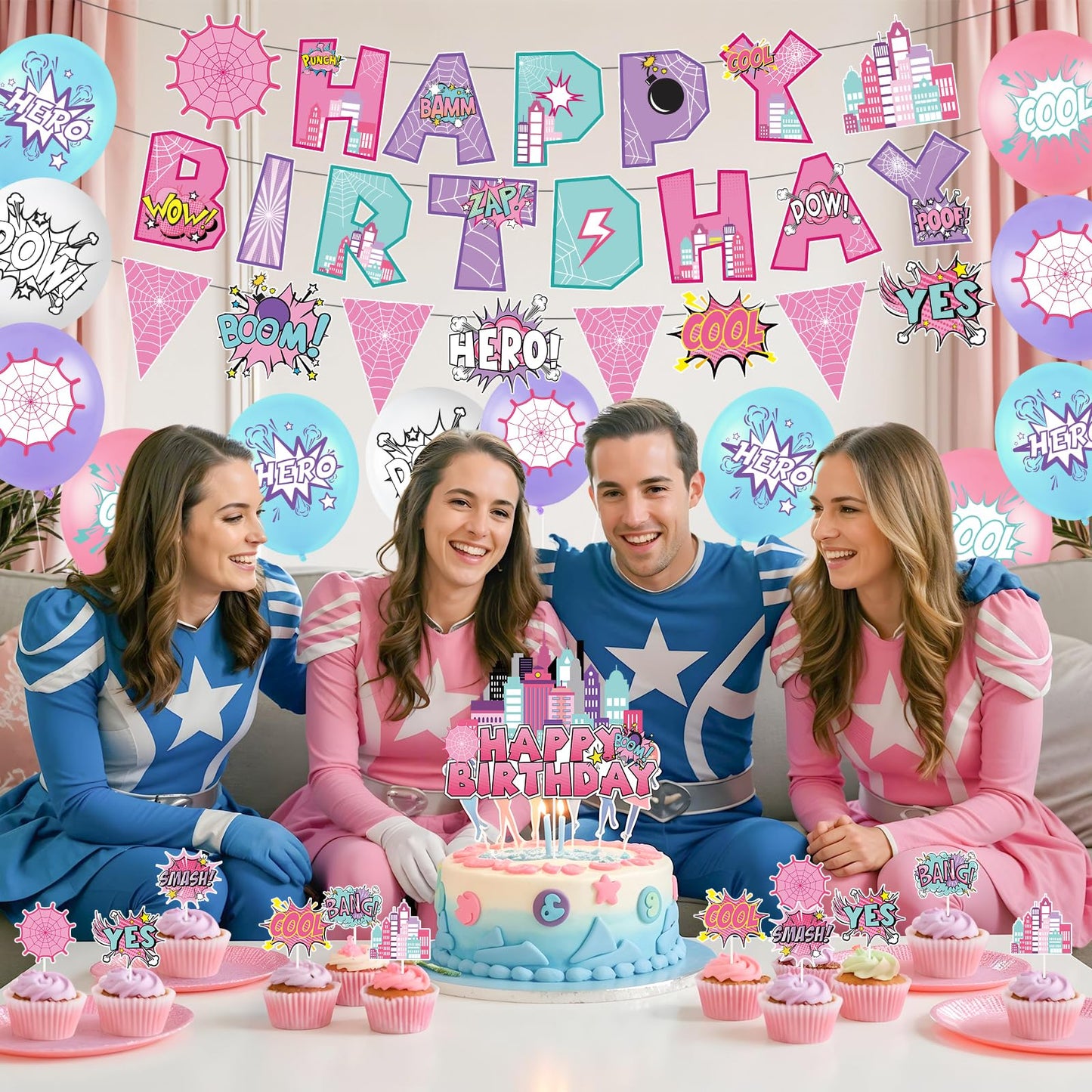 Hero Party Decoration Hero Happy Birthday Banner Pink Spidey Theme Pennant Flag Banner Cake Toppers Latex Balloons for Spider Girl Birthday Baby Shower Party Supplies