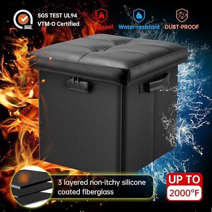 DocSafe Storage Ottoman with Lock, Fireproof Folding Ottoman Foot Rest Stool