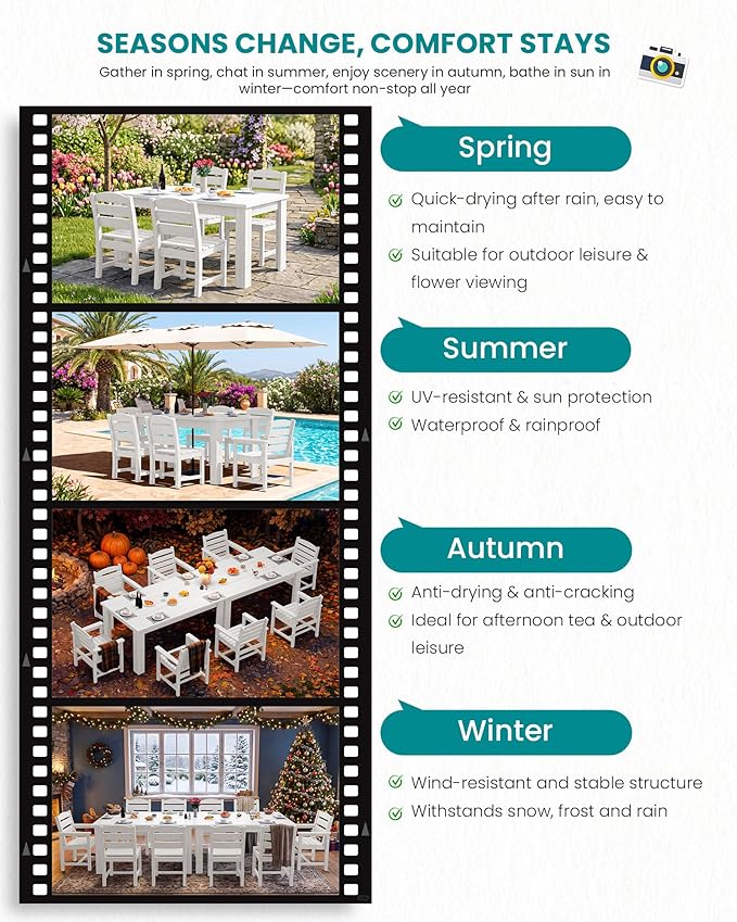 SERWALL HDPE Dining Set for 6: 1 Umbrella Hole Table, 4 Armless + 2 Armchairs.