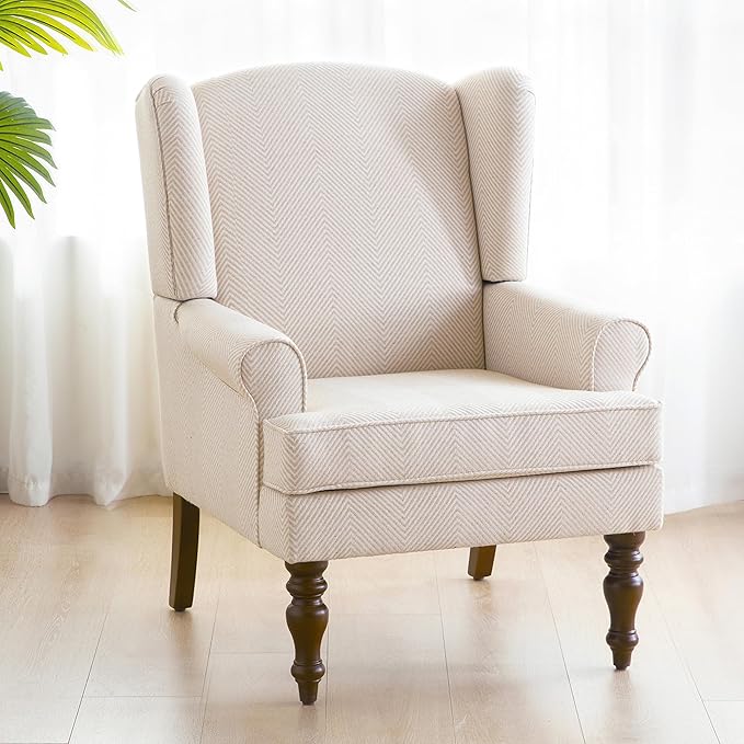 HUIMO Printed Wingback Accent Chair, Linen Upholstered High Back Armchair