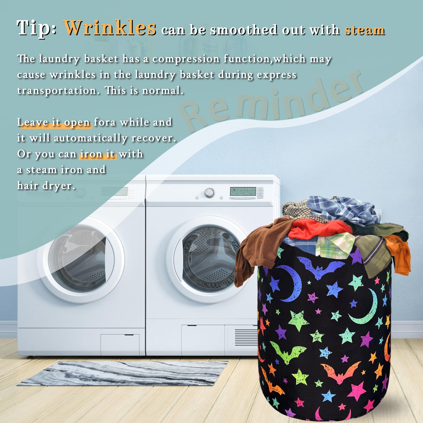 Colorful Bats Laundry Hamper Moon Stars Laundry Basket With Handles Foldable Oxford Cloth Goth Style Funny Tote Bag Clothes Toy Storage Bucket 18.9" x 16.5" For Bathroom/Laundry/Bedroom