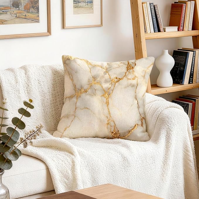 OBSEDE Gold Foil Marble Decorative Throw Pillow Covers 18 × 18 in, Couch