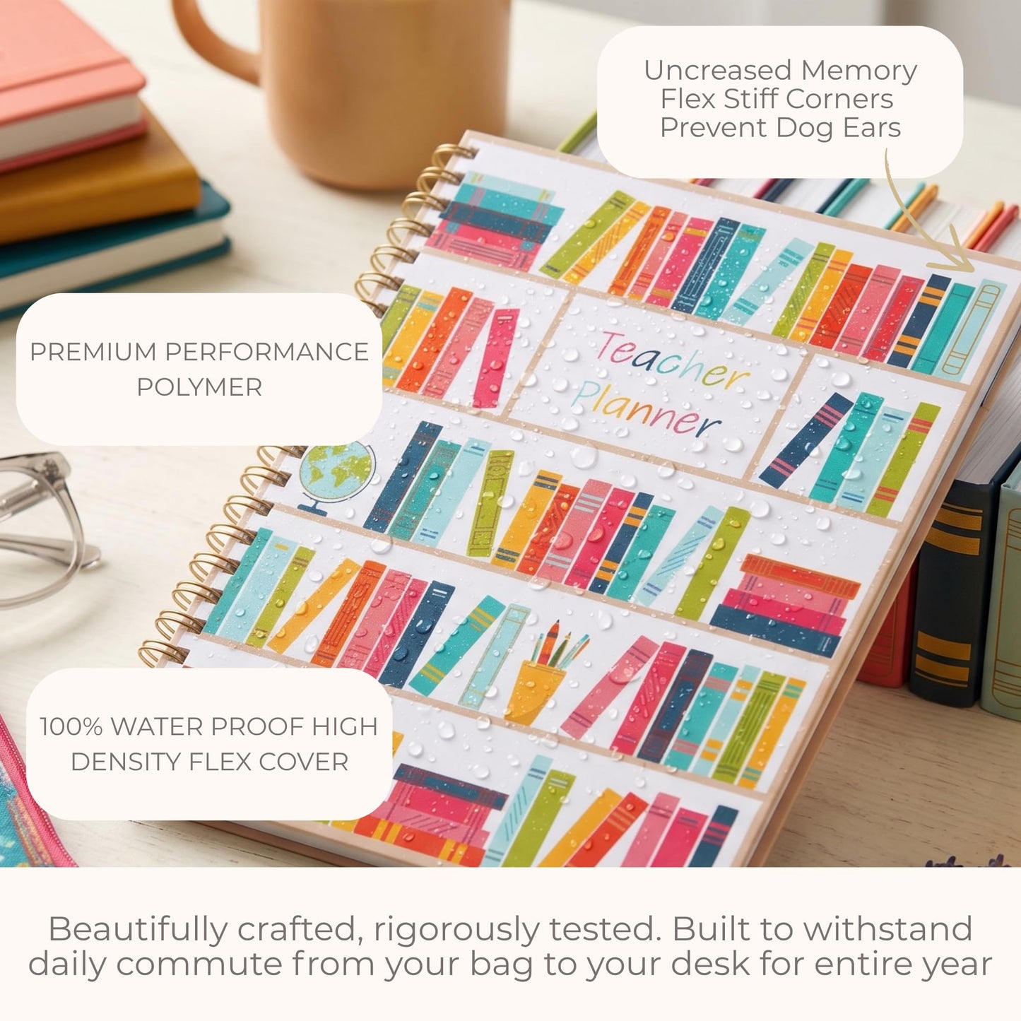 Undated Teacher Planner 8.5 x 11-12 Months & 52 Weeks | Colorful Bookshelves Cover | Monthly & Weekly Lesson Plan Book with Stickers, Storage Pocket & Snap-In Bookmark | Classroom Organizer