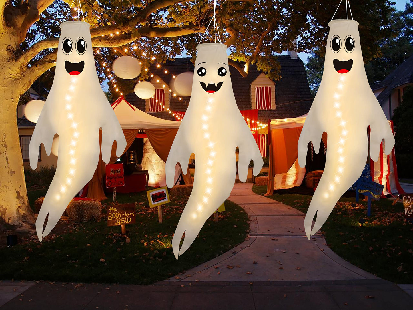 3PCS 43 Inch Halloween Lighted Hanging Ghost Windsocks Hanging Decorations for Tree, Fall LED Flag Wind Socks for Home Yard Outdoor Autumn Decor Party Supplies (Batteries Not Included,No Timer)