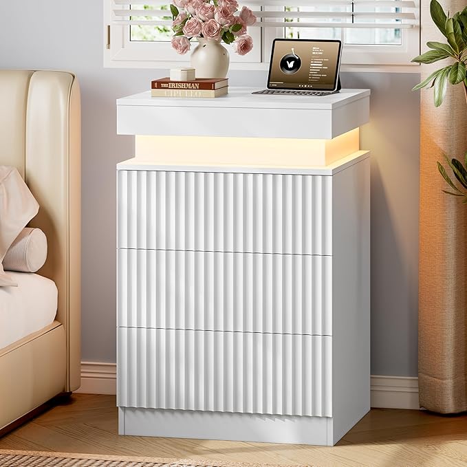Xixini Nightstand with Charging Station and LED Lights, Fluted Night Stand with
