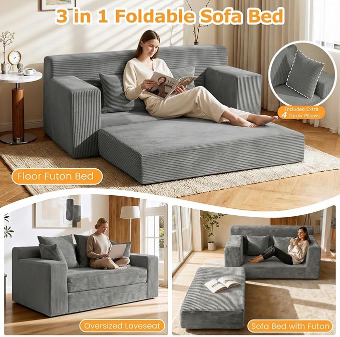 Winzon Boneless Loveseat, 3 in 1 Convertible Sofa Bed Sleeper Sofa Floor Futon