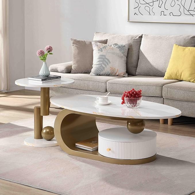 Modern Oval Coffee Table Set of 2, Faux Marble Coffee Table and Round End Table