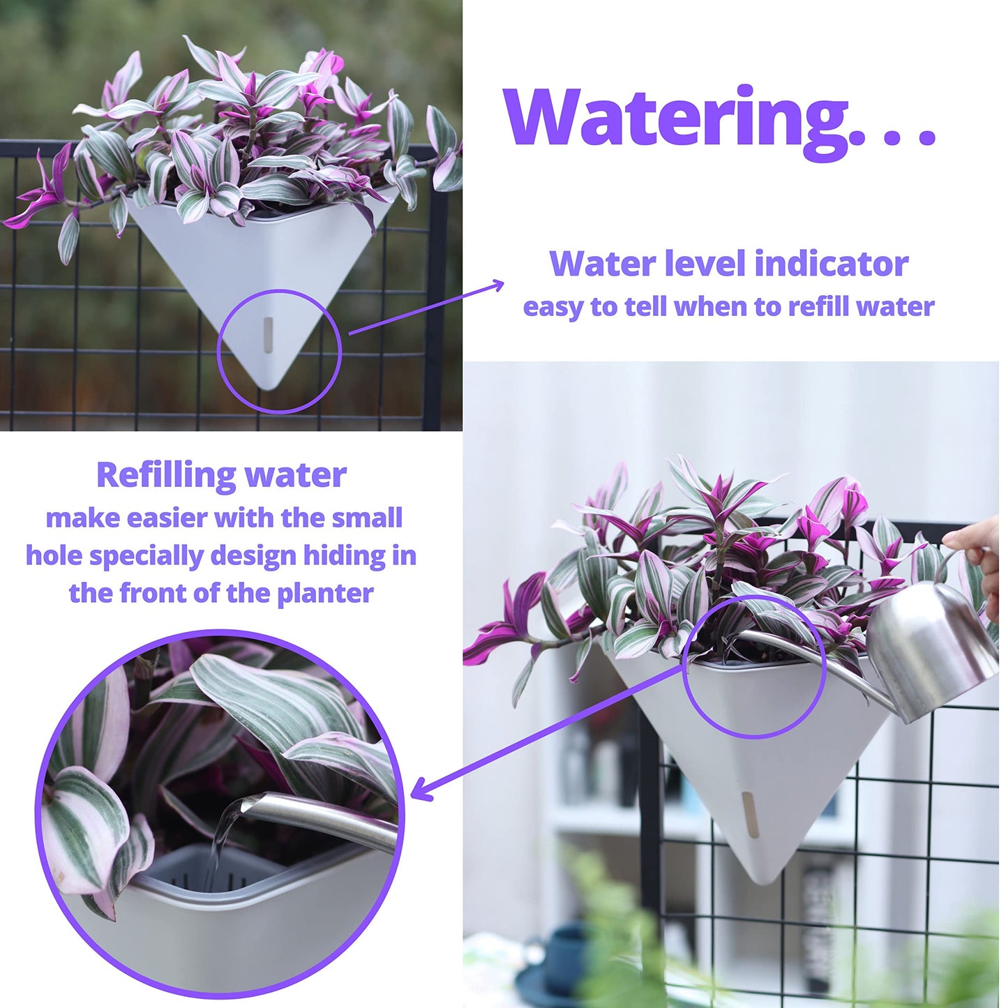 LaLaGreen Bundle - 12" x 6 Pack White + 12" x 2 Pack Gray Large Self Watering Geometric Hanging Flower Vase Vessel with Metal Hanger, Modern Stylish Wall Mounted Succulent Pot Holder Decor