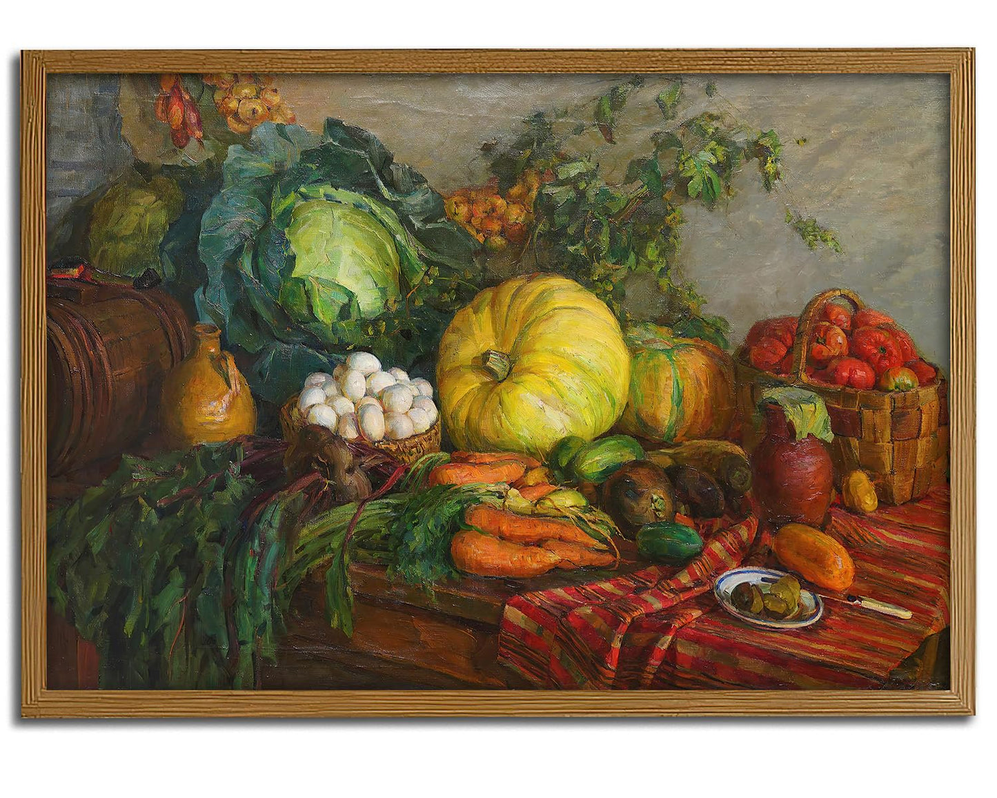 Rustic Harvest Still Life Wall Art Vintage Oil Painting Reproduction with Pumpkin, Cabbage, Carrots & Basket for kitchens, dining rooms, farmhouse cabins, restaurants, or rustic cafés that embrace a vintage countryside theme (12" x 18"-UNFRAMED)