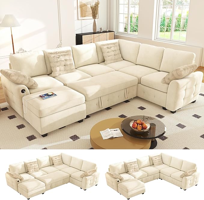 Ihanherry 106-inch Large L-Shaped Sectional Sofa Bed, 7-Seater Convertible Pull