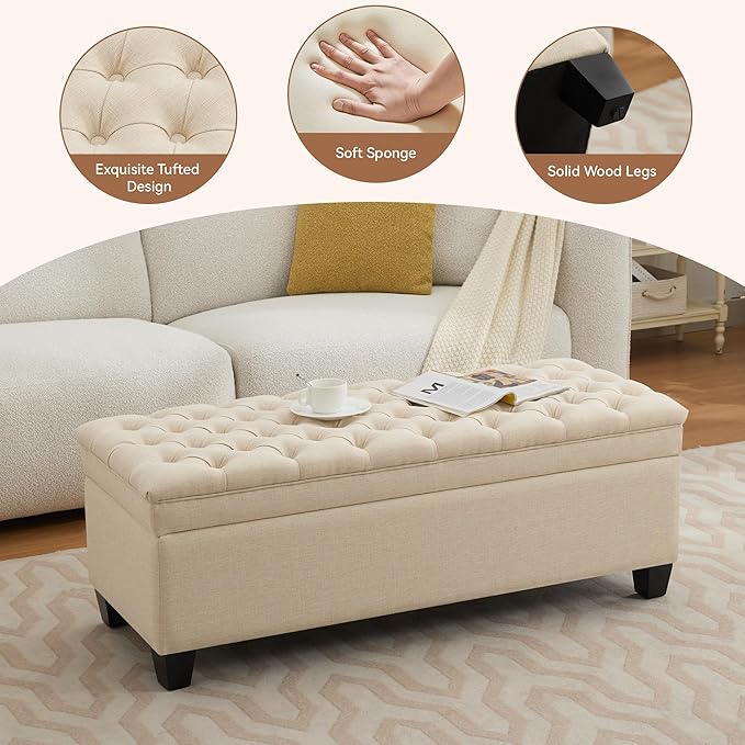 WUTUTUEE 51" Fabric Storage Ottoman Bench, Upholstered Rectangle End of Bed