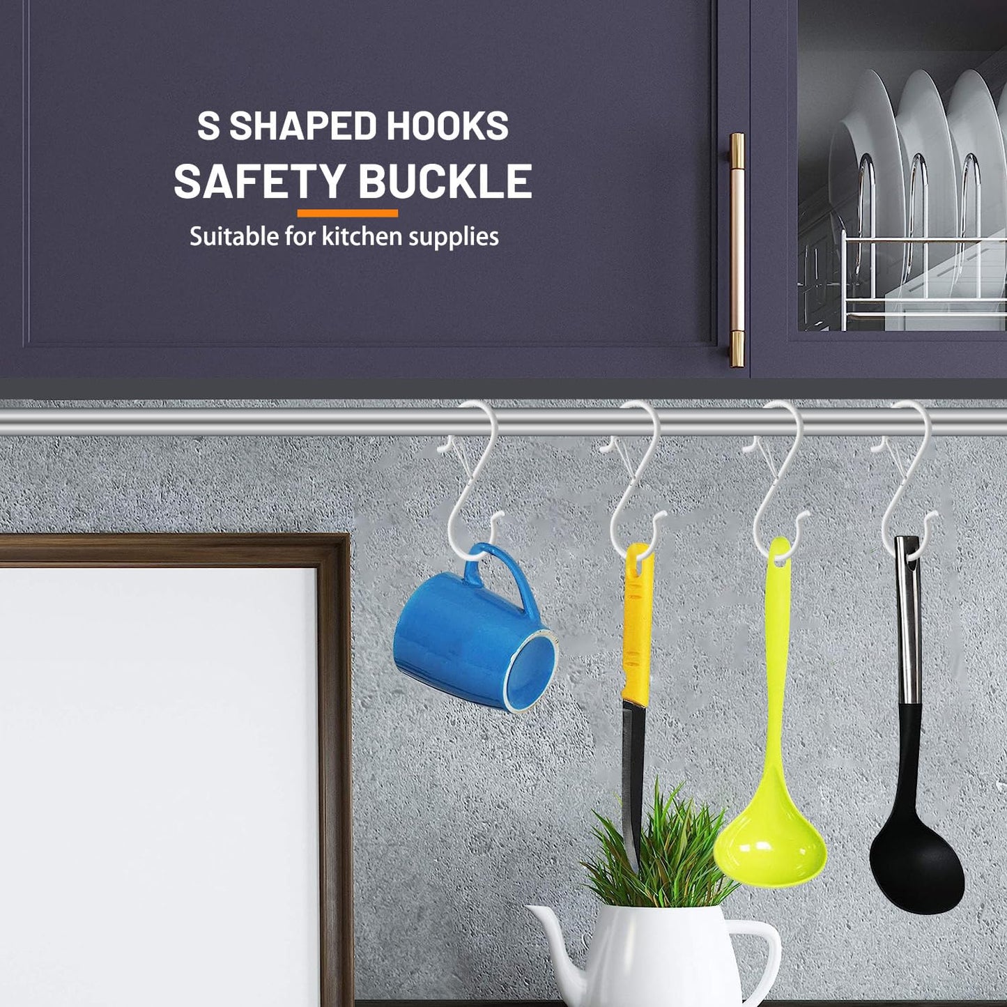 iCafePub 24 PCS S Hooks for Hanging with Safety Buckle, 3.5 inch Heavy Duty Metal S Shaped Hooks Stainless Steel for Hanging Kitchen Utensil, Cups, Pots, Plants, Bags, Hats (White)