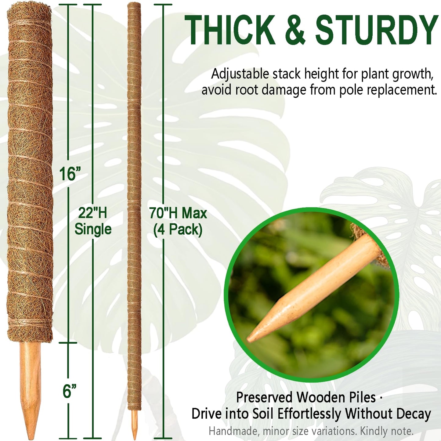 Soupiar 4 Pack 22 Inch Stackable Moss Pole - Thick & Sturdy Natural Coir Totem Plant Support & Garden Stakes for Monstera & Pothos, Indoor Climbing Vining Houseplants, 70" H Max
