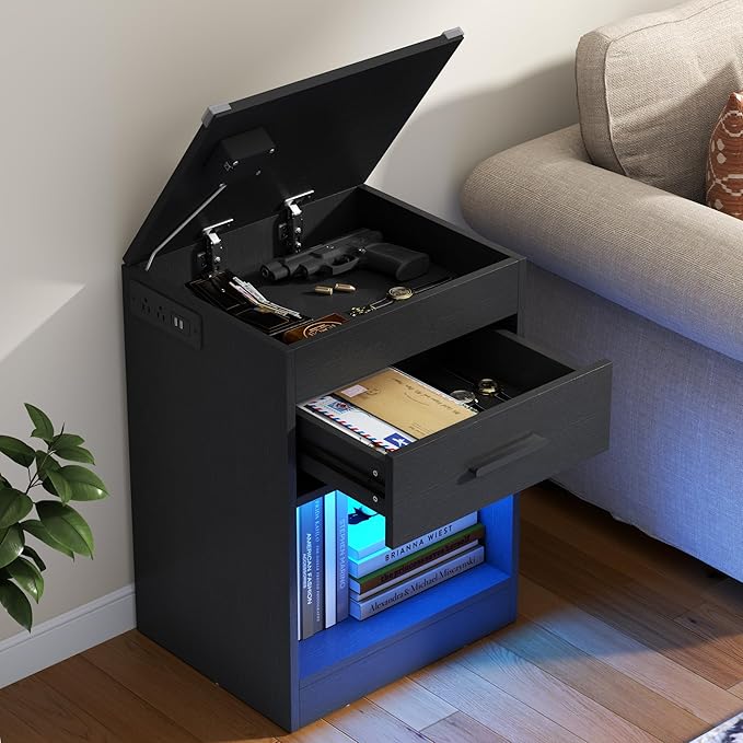 Gyfimoie Led Night Stand with Charging Station & RFID Lock Cabinet, Smart