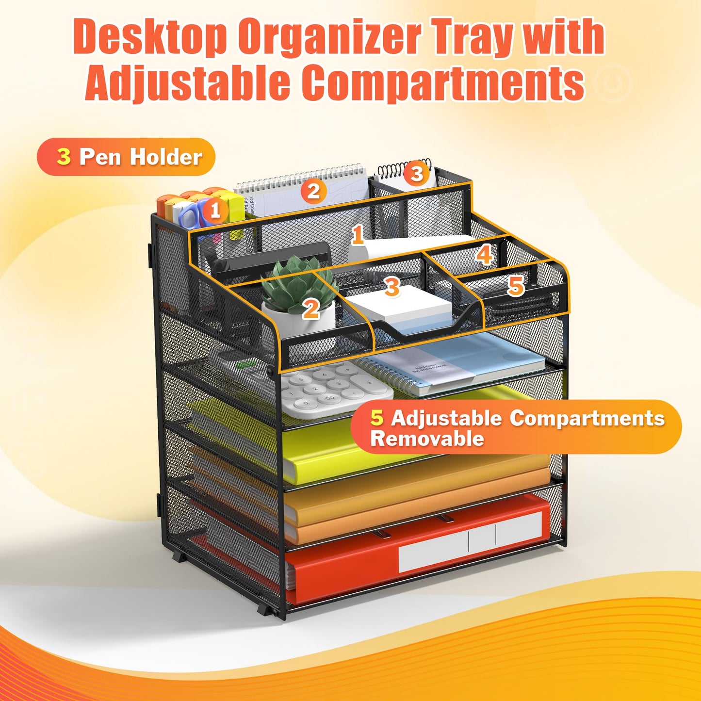 Docnest Multi-Functional Desk Organizer Tray, 5 Tier Paper Letter Tray Organizer with 3 Pen Holder, Mesh Desktop Storage with 5 Adjustable Compartments for Office Supplies-Black