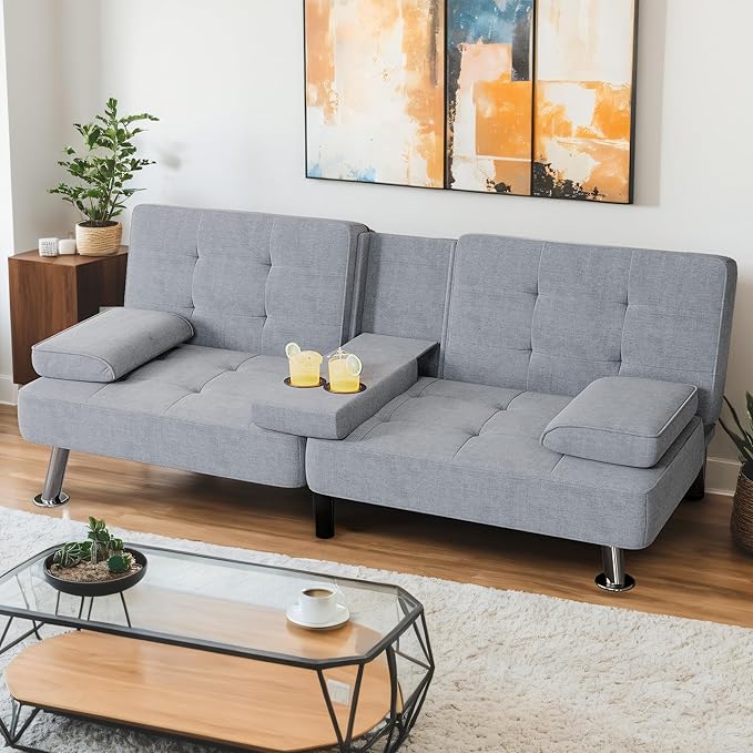 Shahoo Modern Linen Upholstered Convertible Folding Futon Sofa Bed