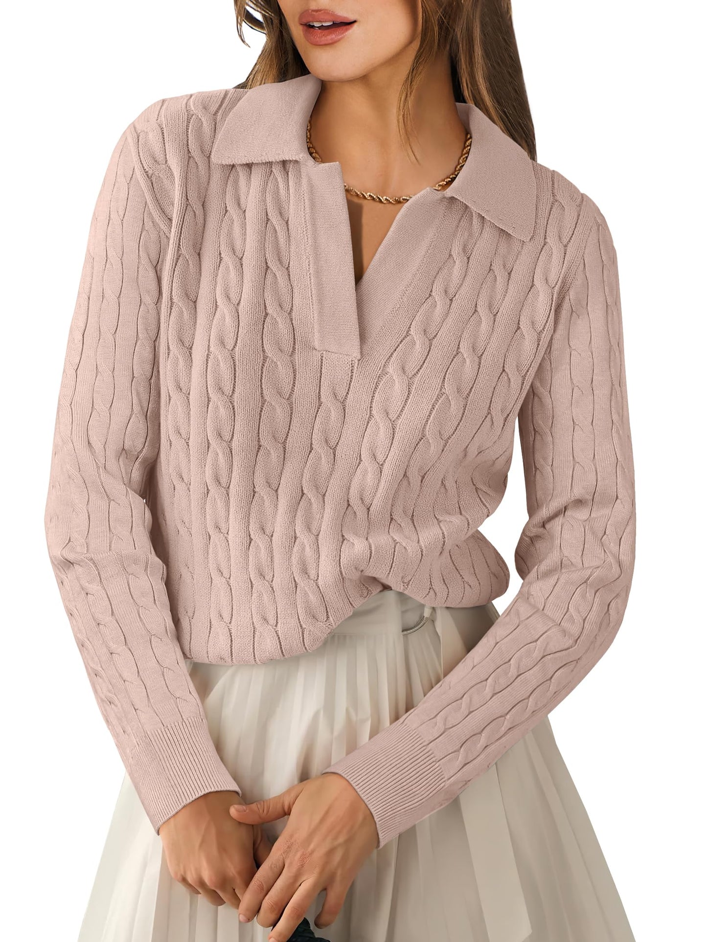 ANRABESS Womens Cable Knit Sweaters Long Sleeve V Neck Sweater Tops Casual Pullover Polo Shirts 2025 Fall Fashion Outfits