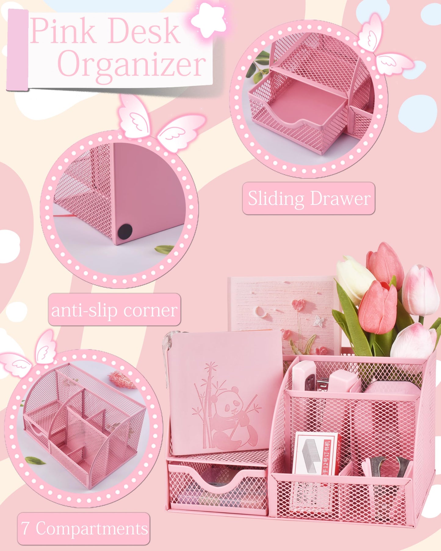 23pc Pink Desk Accessories and Organizers with Mesh Organizer Stapler Tape Dispenser Calculator and a Lot of Office Pink Office Supplies Beautifully Presented in a Gift Box